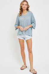 Blue Pointelle V-neck Knit Top Simmer & Fay